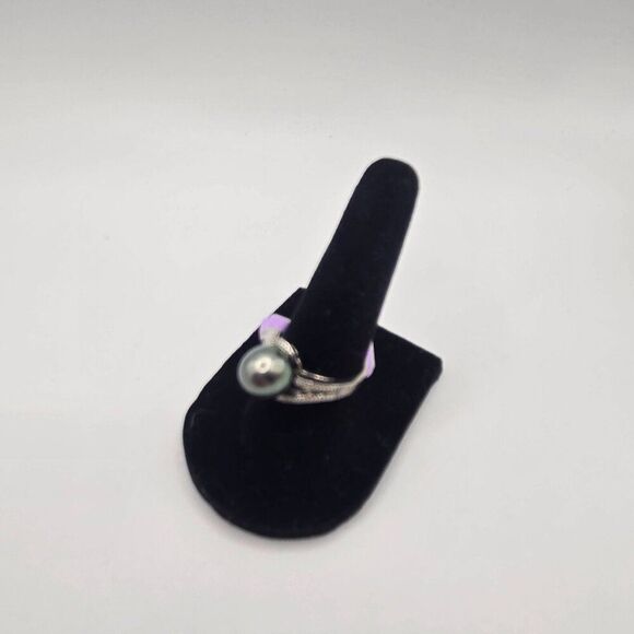 New Gray Tahitian Pearl Sterling Silver Rind Size 7 Diamond Accent 10mm - Picture 2 of 10